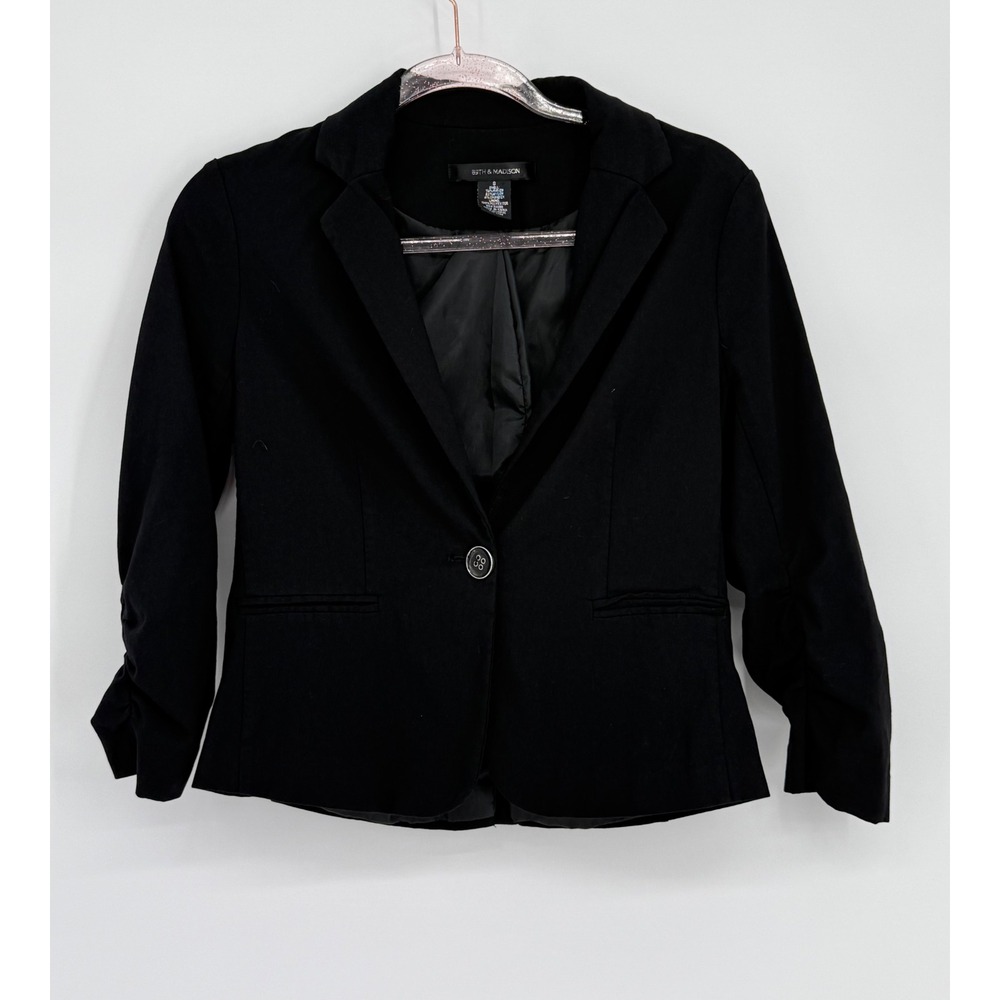 89th & Madison Womens Black Ruched 3/4‎ Sleeve Single Button Blazer Sz S